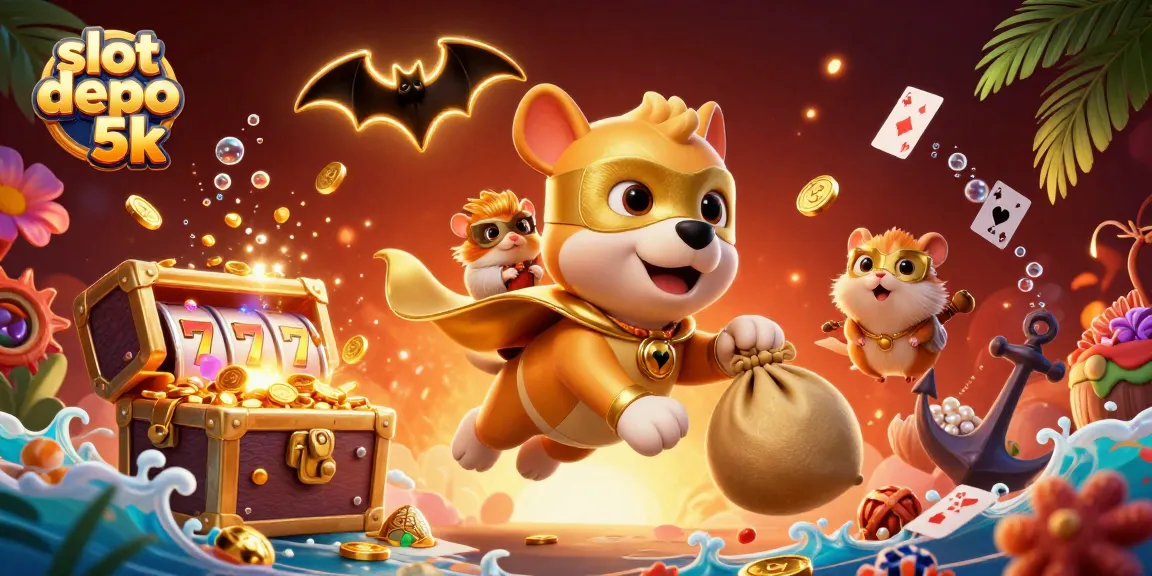 Permainan slot depo 5k menampilkan anjing superhero dengan koin emas, simbol poker, dan hiasan tidak terduga.