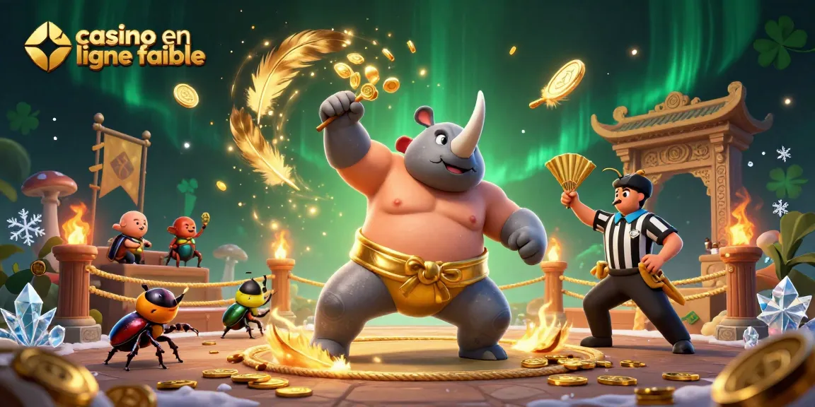 Découvrez le casino en ligne fiable avec notre illustration dynamique d'un combat de sumo inspiré, où des pièces d'or volent dans un environnement immersif.