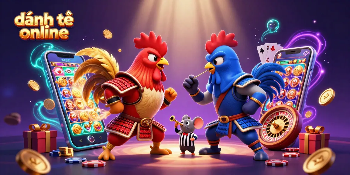 Engage in đánh đề online with 3D roosters battling in a colorful casino-themed scene.