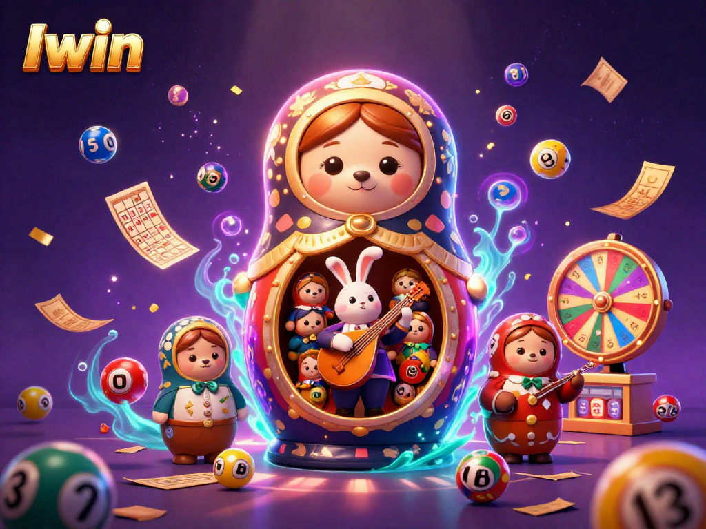 Iwin shows a vibrant casino-themed 3D illustration with colorful lottery balls and animated characters.