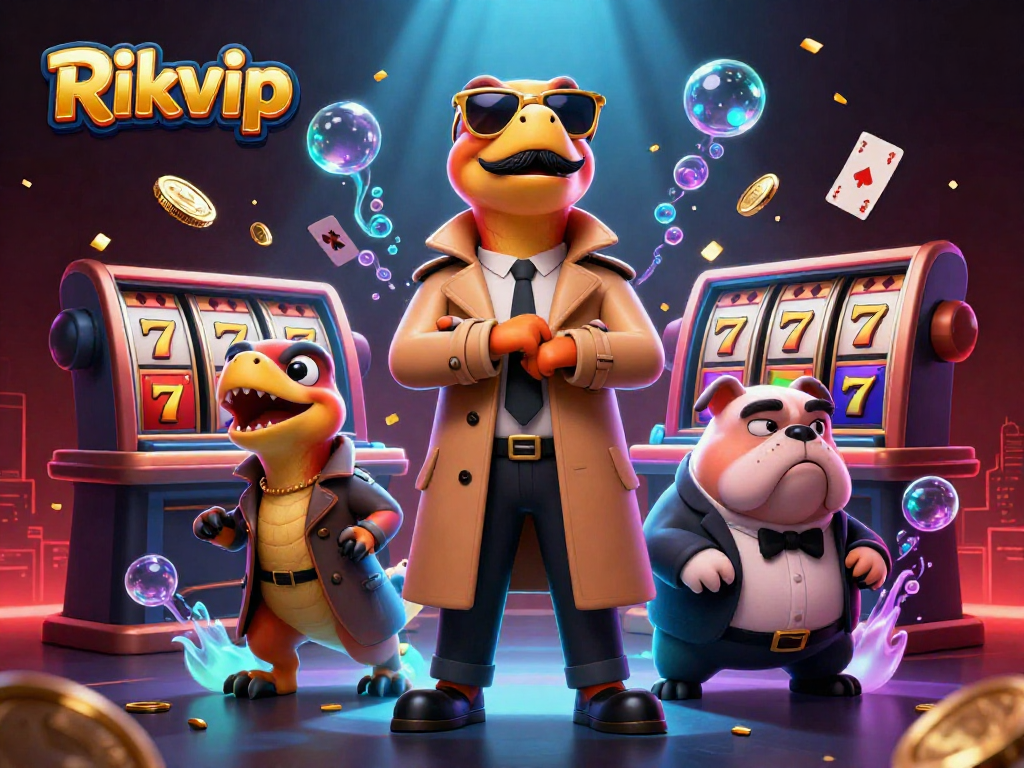Experience the thrill of winning with Rikvip in this vibrant VIP casino lounge illustration.