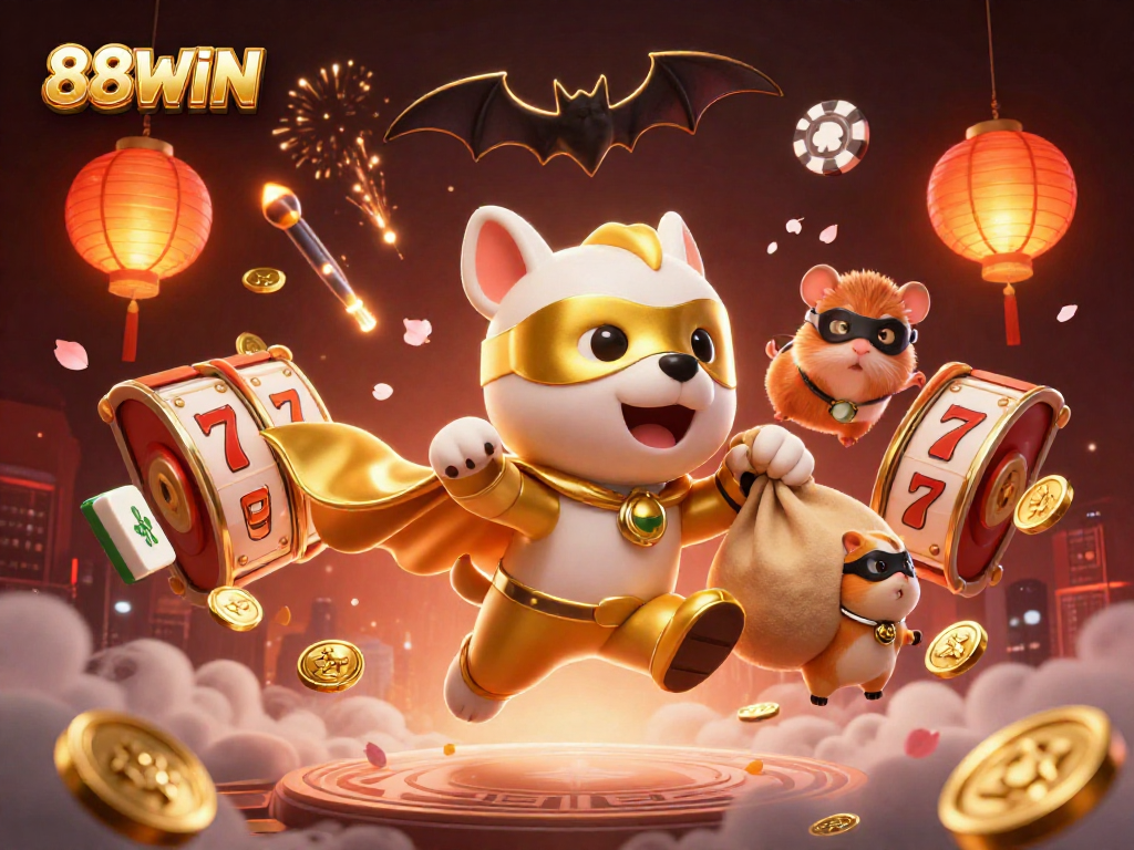 Experience the thrill of 88WIN with a superhero dog character flying among spinning slot reels and vibrant casino elements.