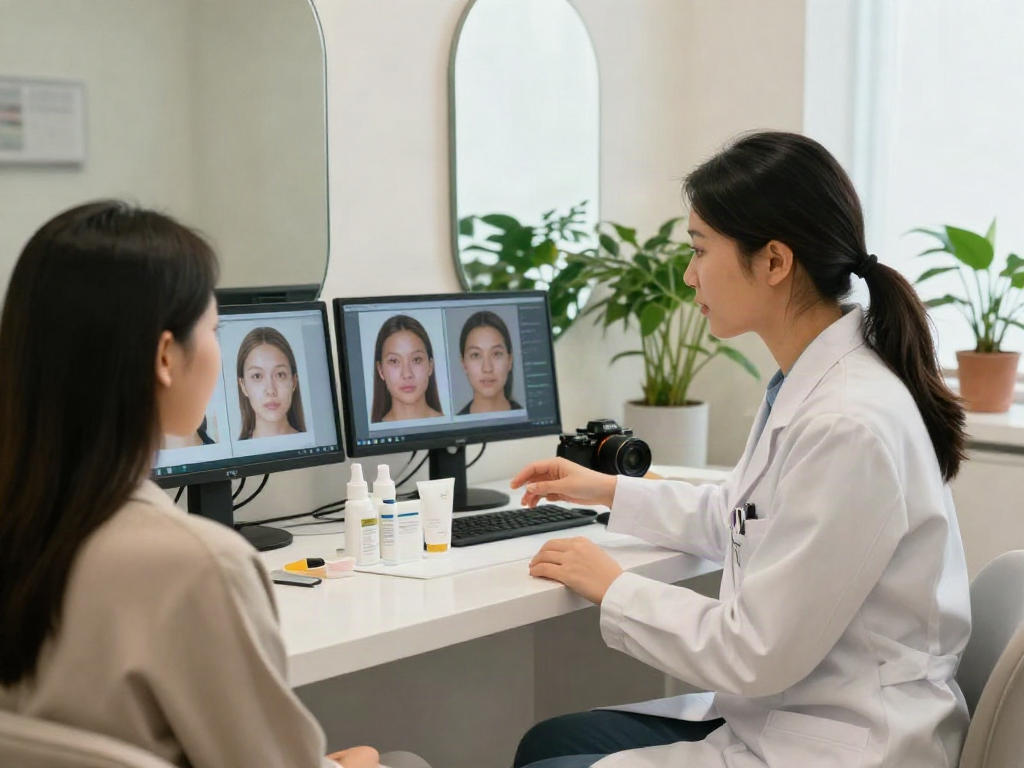 Client receiving personalized beauty consultation at ClinicEvo cheaper than QOVES with facial analysis displayed.