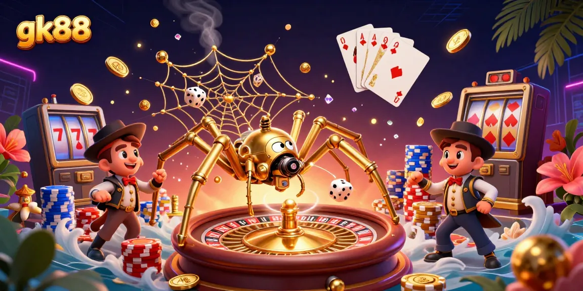 Experience the thrilling gameplay at GK88 with dynamic visuals of a steampunk spider, casino games, and golden treasures.
