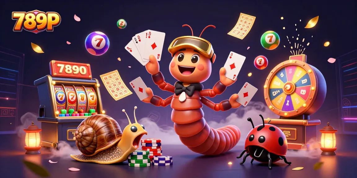 Experience thrilling gaming at 789P with a dynamic casino scene featuring a cartoon millipede dealer and exciting game elements.