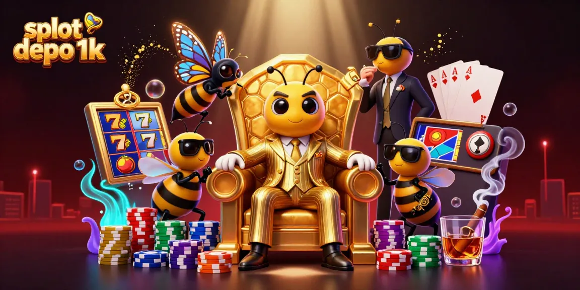 Menangkan jackpot dengan slot depo 1k yang menampilkan karakter kartun lebah berbusana mewah di kasino.