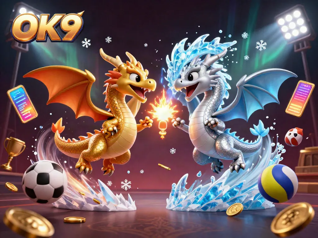 Bet on excitement with OK9, featuring dynamic dragons and sports elements in a vibrant casino illustration.