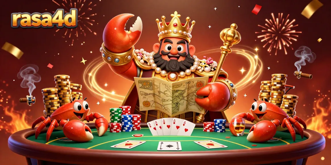 Menggambarkan permainan gaya kasino yang seru dengan rasa4d, seekor kepiting emas memimpin sambil memegang peta harta dan tonggak poker penuh chip.