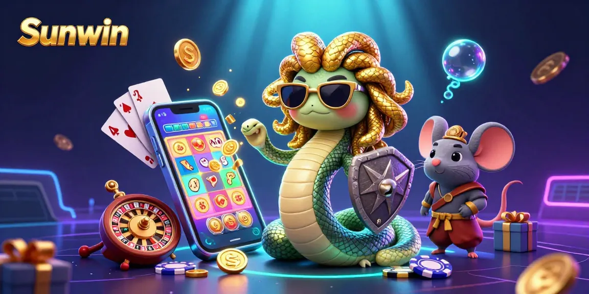 Experience Sunwin's engaging atmosphere with Medusa and hero mouse as they spin vibrant slot games.