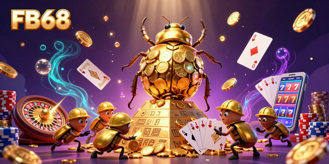Experience the thrill at FB68 with a vibrant scene of golden bugs, coins, and casino elements.