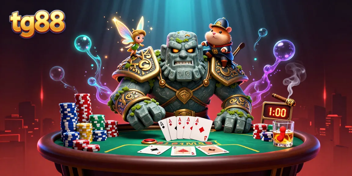 Experience the excitement of tg88 casino with a vibrant 3D illustration featuring a golem, fairy, and hamster knight.