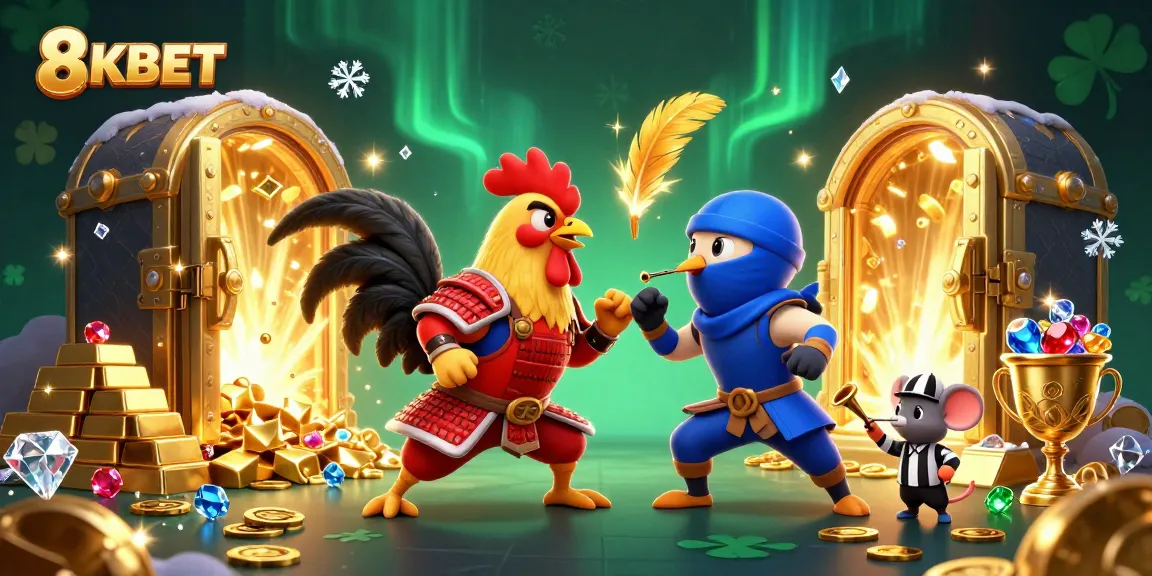 Experience thrilling action with 8KBET's fighting roosters in a dynamic casino showdown scene.