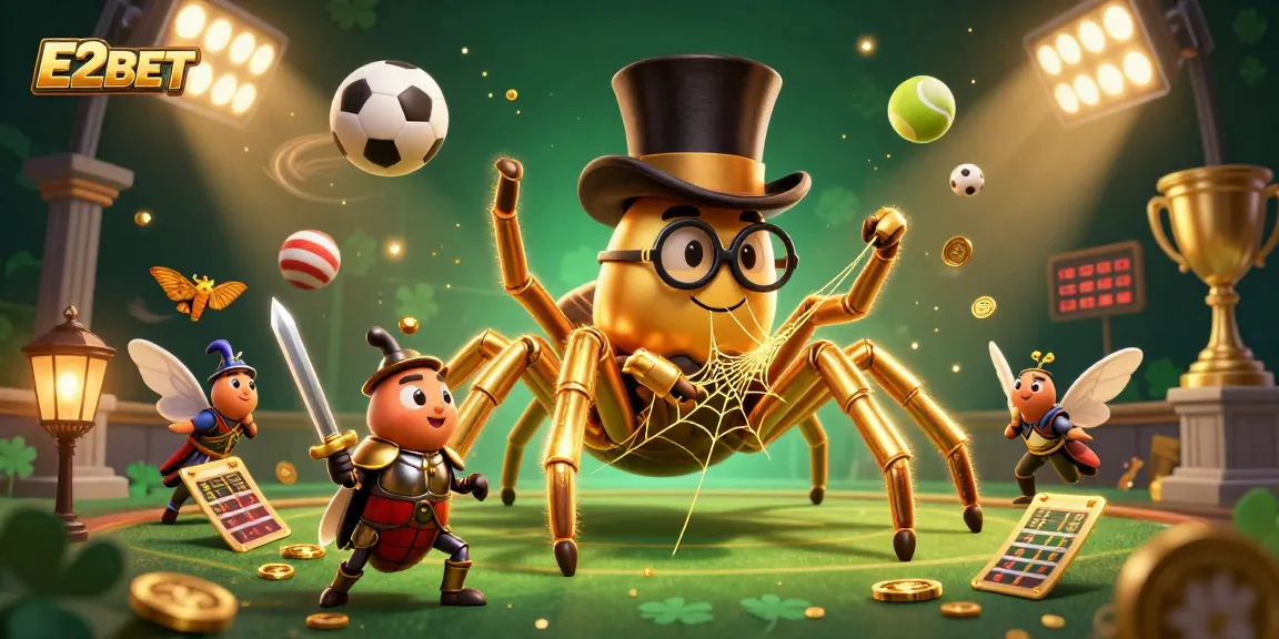 E2BET engages players in a vibrant 3D digital casino scene filled with sports elements and lucky symbols.