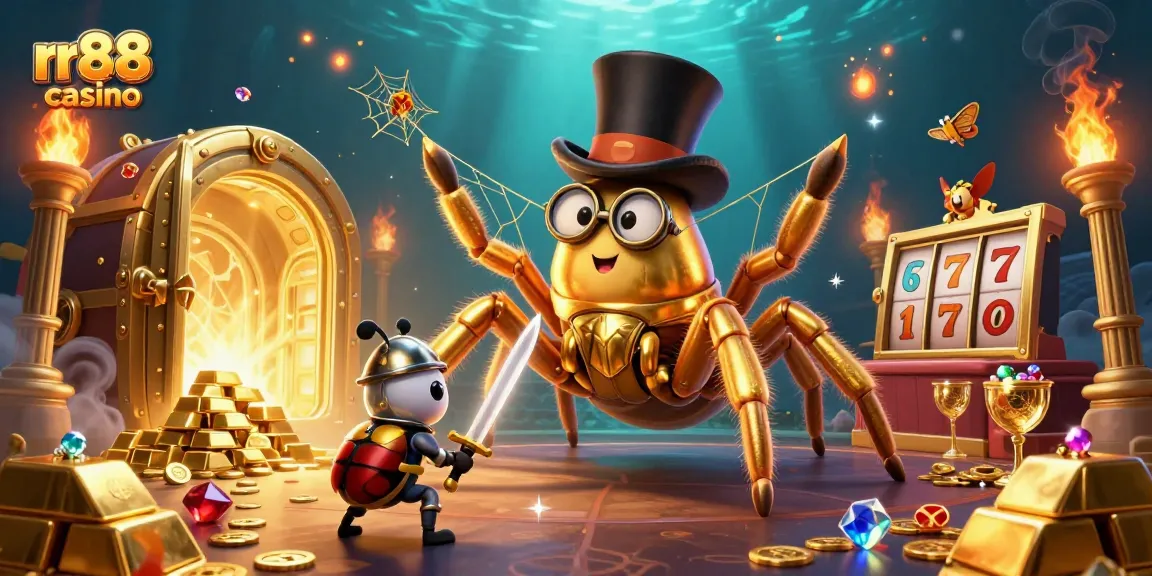 Engaging scene of rr88 casino with golden elements and characters illustrating dynamic gaming atmosphere.