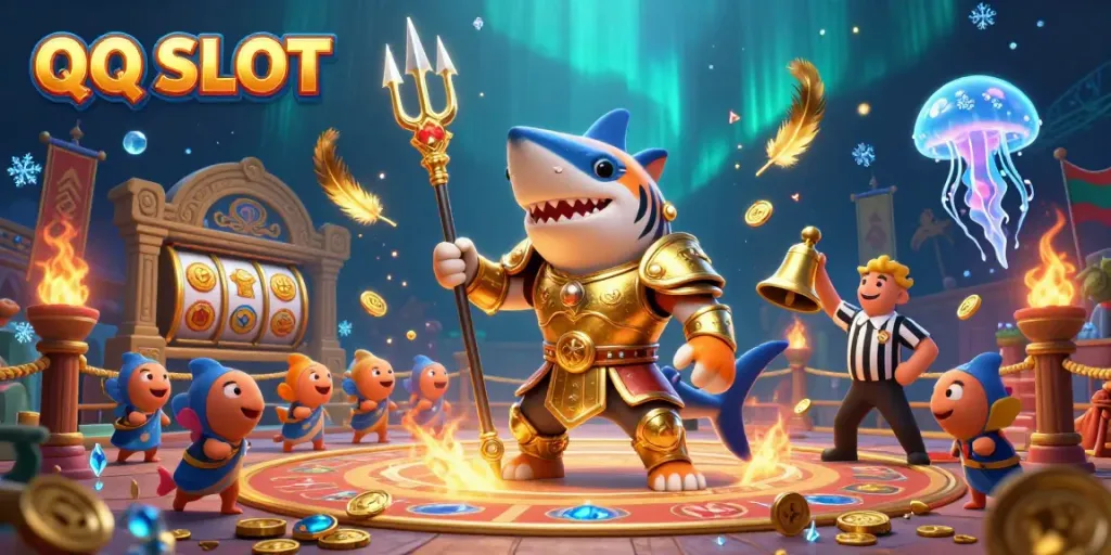 Join the excitement with QQ SLOT as the fearless shark challenges for the jackpot in a vibrant underwater colosseum.