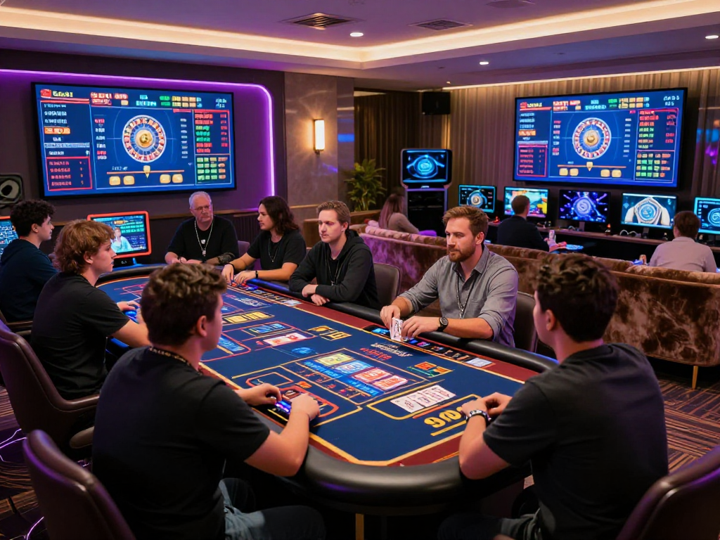 Dynamic crypto casino scene with players and live dealers, showcasing vibrant digital interfaces and cryptocurrency gaming elements