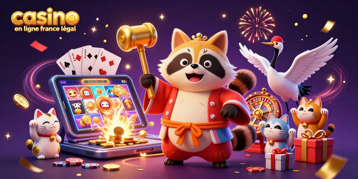 Illustration animée de casino en ligne France légal, avec tanuki chanceux et jeux de loterie vibrant.