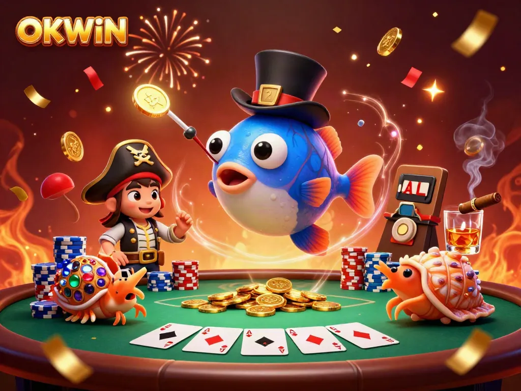 OKWIN showcases a 3D anglerfish, shrimp, and sea snail in a vibrant casino scene.