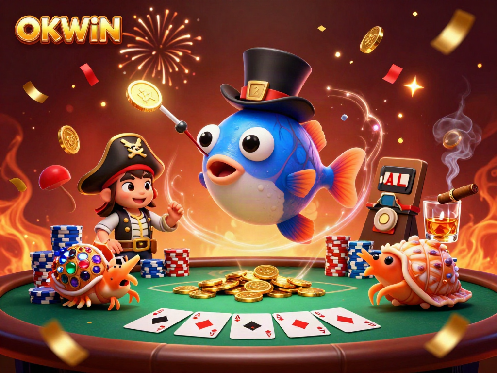 OKWIN showcases a 3D anglerfish, shrimp, and sea snail in a vibrant casino scene.