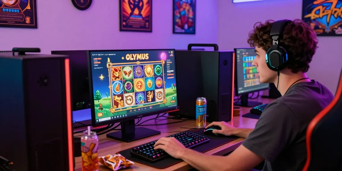 Engaging Slot Olympus gaming scene featuring an intense player focused on vibrant online slot game.