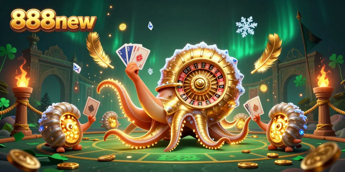 Experience thrilling wins at 888new with a giant nautilus roulette, cards scattered in a vibrant casino!