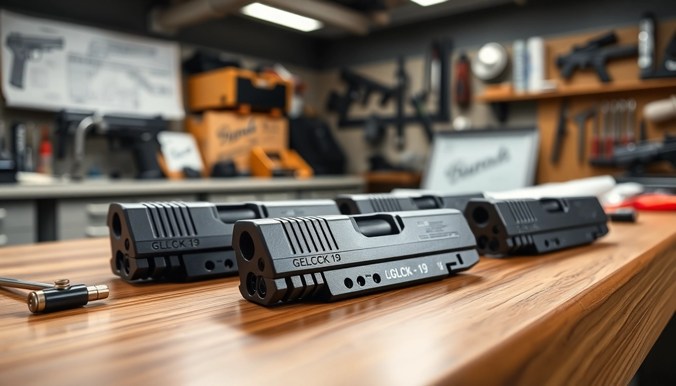 Showcasing high-quality glock 19 slides on a table, emphasizing precision design and craftsmanship.
