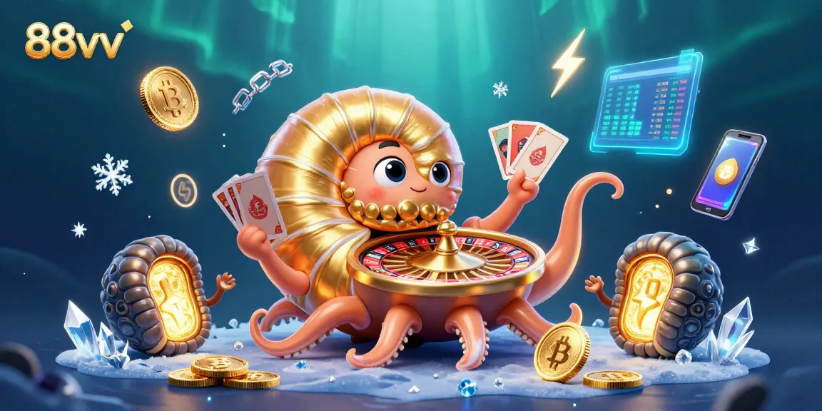 Experience thrilling 88vv gameplay through a vibrant 3D casino scene filled with animated crypto elements.