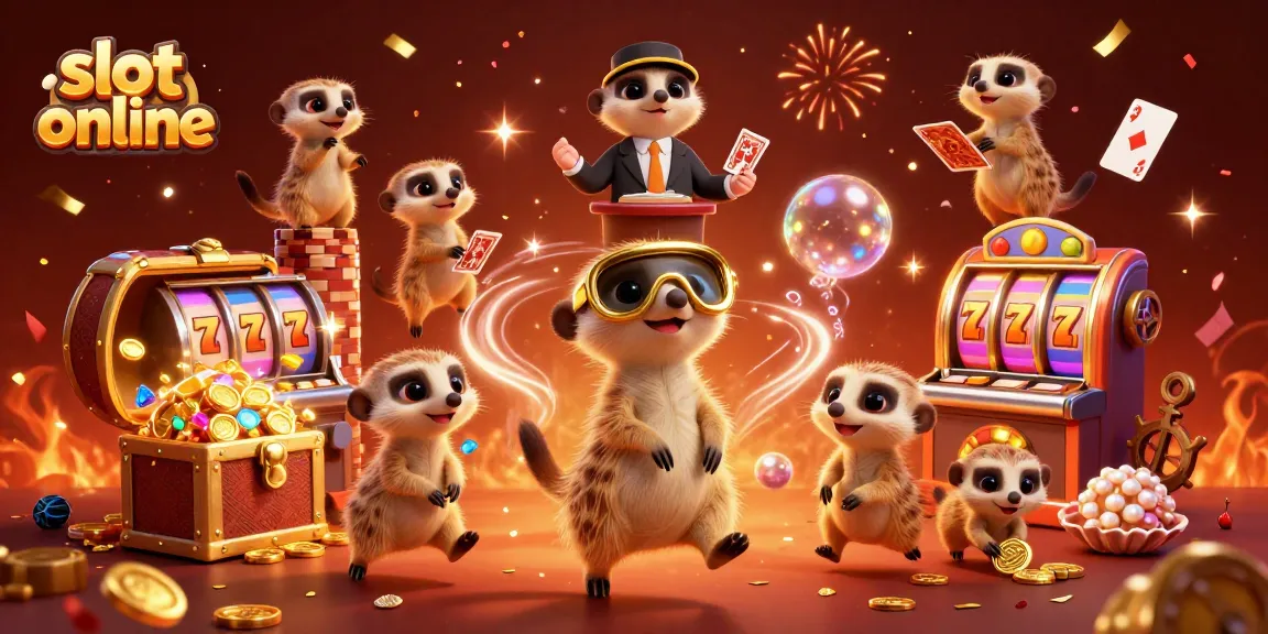 Experience exciting slot online action with a lively meerkat casino scene brimming with energy and colorful elements.