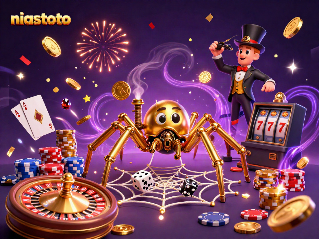 Engage with niastoto gameplay as a steampunk spider captures dice amidst sparkling casino elements.
