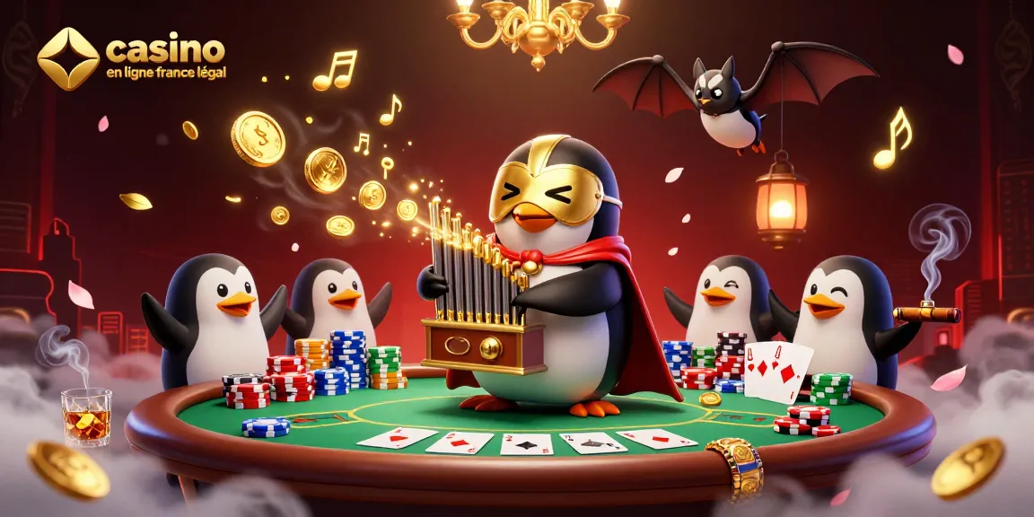 Illustration dynamique d'un casino en ligne France légal, mettant en scène un pingouin avec masque doré et des éléments de jeu autour.