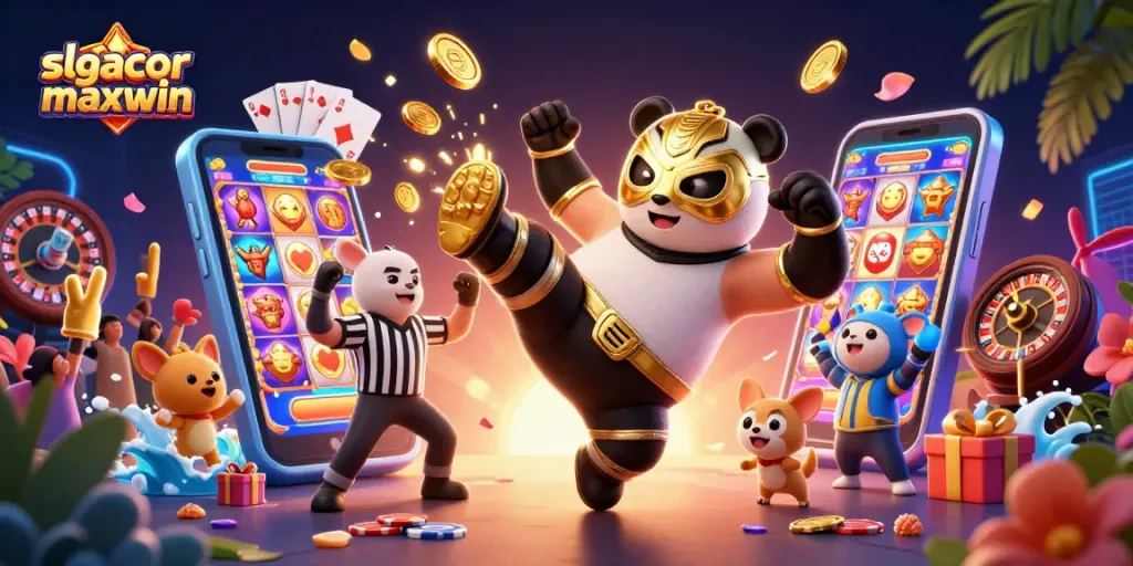 Mainkan slot gacor maxwin dalam ilustrasi ceria dengan panda penggulat dan petugas wasit