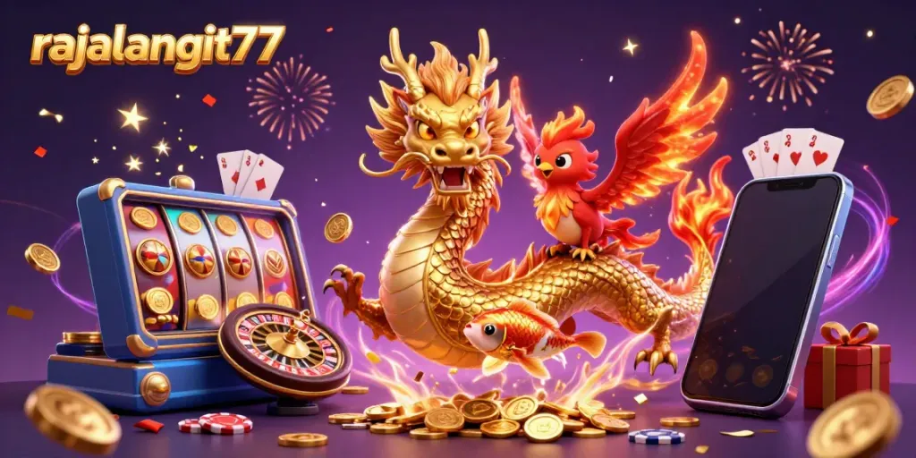 Temukan keseruan bermain slot online dengan rajalangit77, karakter naga emas dan phoenix dalam suasana ceria.