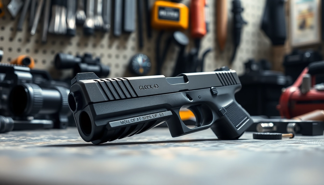 Showcase of Glock 43 slide mos emphasizing design and craftsmanship in a professional armory setting.