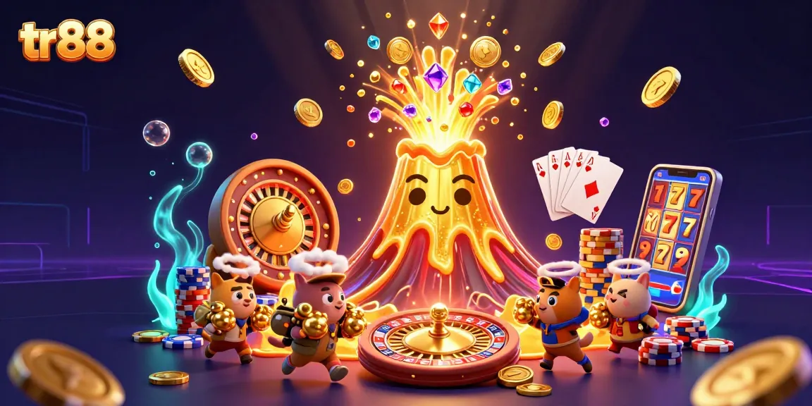 Experience thrilling wins at tr88 with a cartoon golden volcano erupting treasures and exciting casino elements.