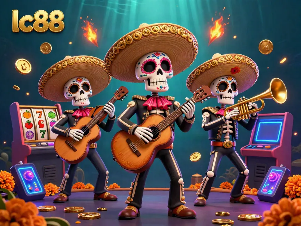 Experience the excitement of lc88 with a mariachi band amidst vibrant casino game elements.