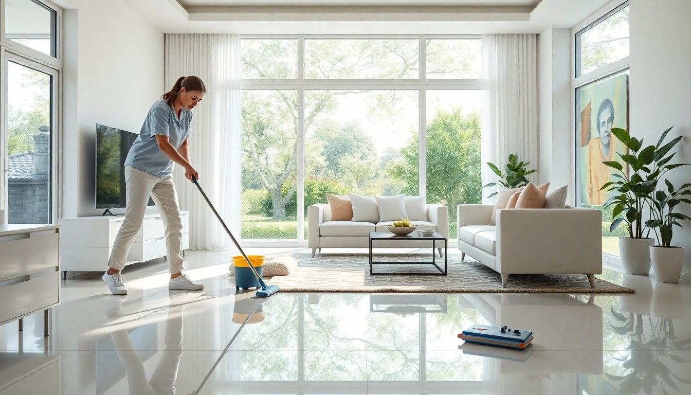 Efficient bond cleaning Logan illustrated with a professional cleaning bright living room.