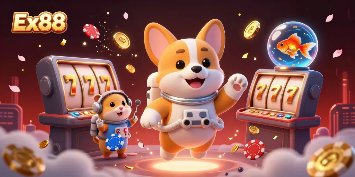 Play exciting slots at Ex88 with vibrant 3D characters in a space casino, drifting poker chips, and warm lantern light.