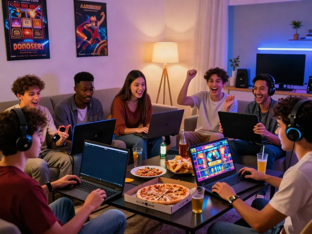 Friends enjoying slot gacor gaming experience with vibrant screens and snacks