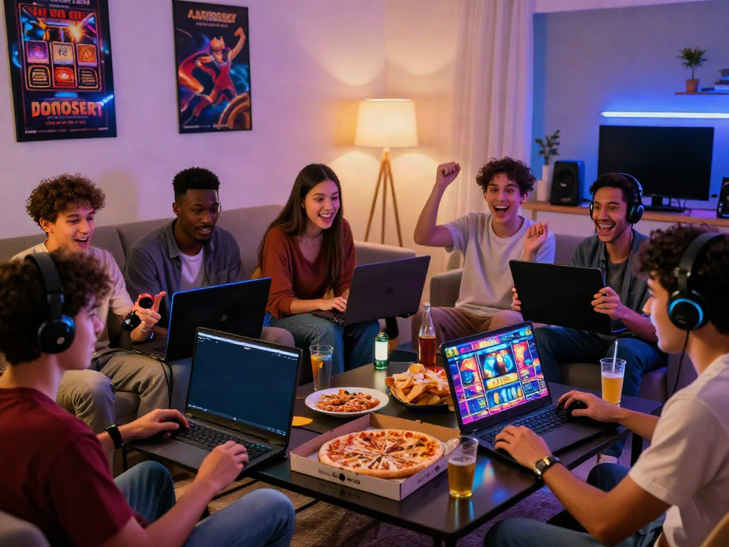 Friends enjoying slot gacor gaming experience with vibrant screens and snacks