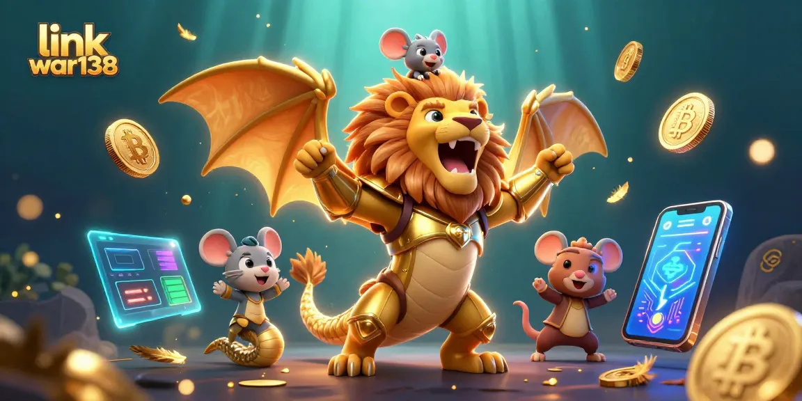 Activate big wins with link war138, showcasing a dynamic chimera creature and cryptocurrency elements in a vibrant casino scene.
