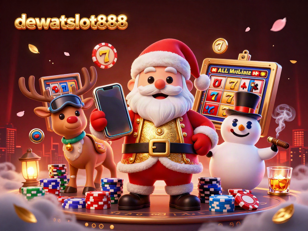 Permainan slot gacor di dewataslot888, Santa Claus ceria dengan teman-temannya di kasino.