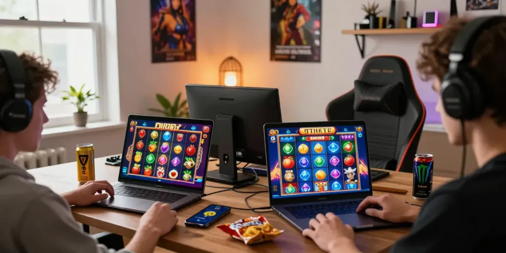 Players enjoying engaging slot online games on laptops and smartphones in a cozy gaming setup.
