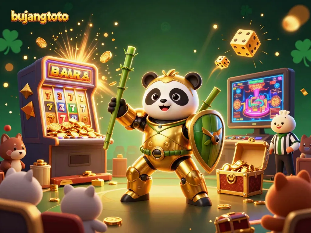 Bujangtoto-themed 3D illustration showcasing an exciting casino battle with dynamic characters and elements.