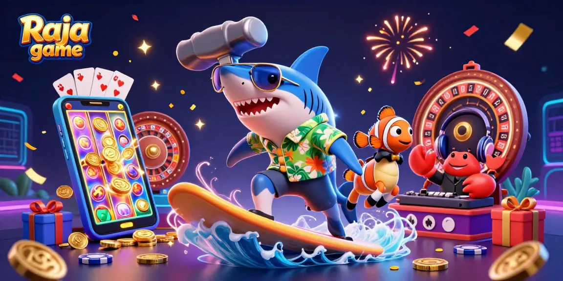Raja game illustration with a shark and clownfish celebrating winning spins and jackpots in a vibrant casino scene.