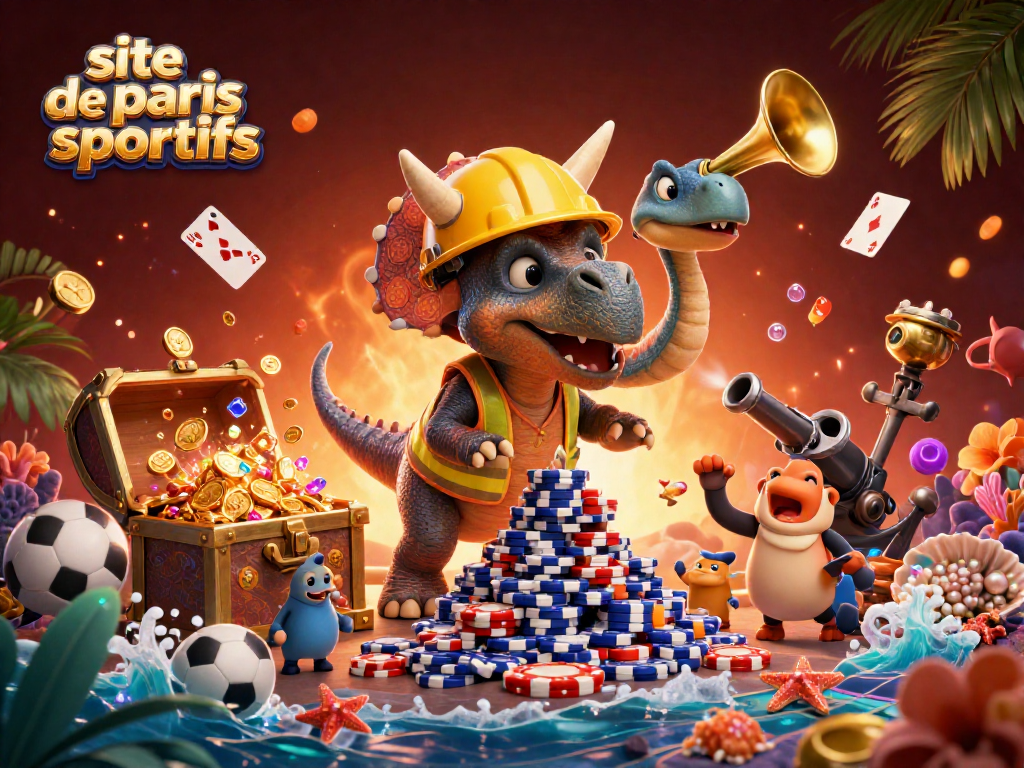 Pariez sur un site de paris sportifs avec des dinosaures célébrant au milieu d'éléments colorés de casino.