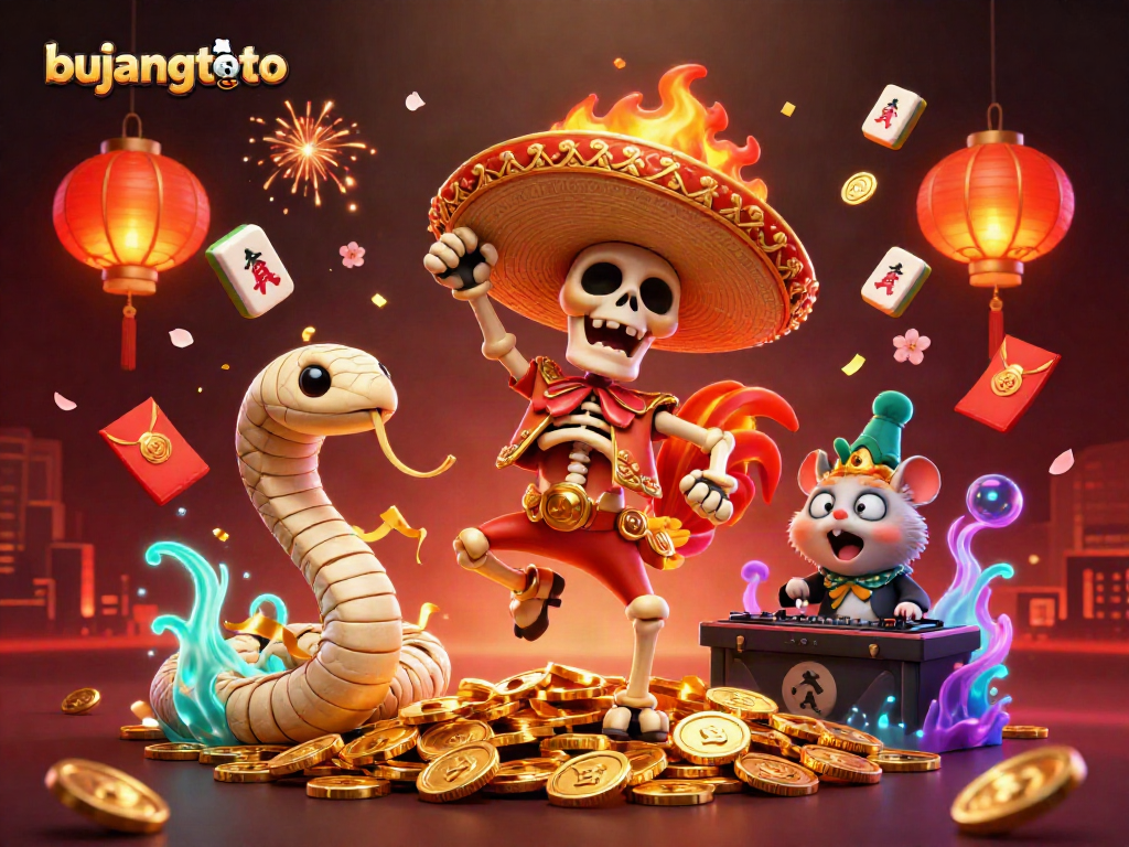 Engage with the vibrant bujangtoto carnival scene featuring dynamic characters celebrating on golden coins.