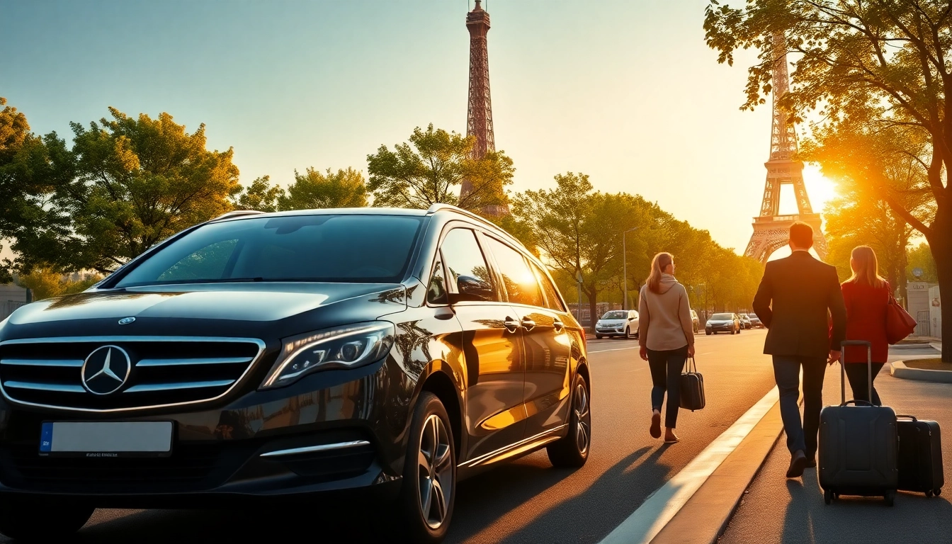 Efficient Orly Airport to Paris Transfer with cheerful travelers and Eiffel Tower backdrop.