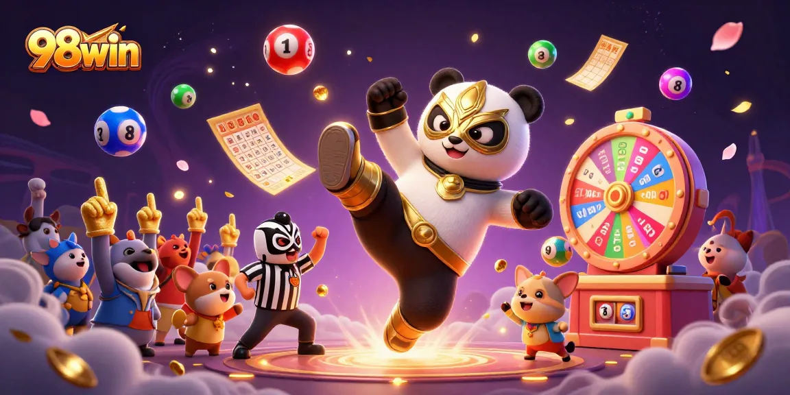 Experience excitement with 98win's lively casino scene featuring dynamic characters and vibrant lottery elements.
