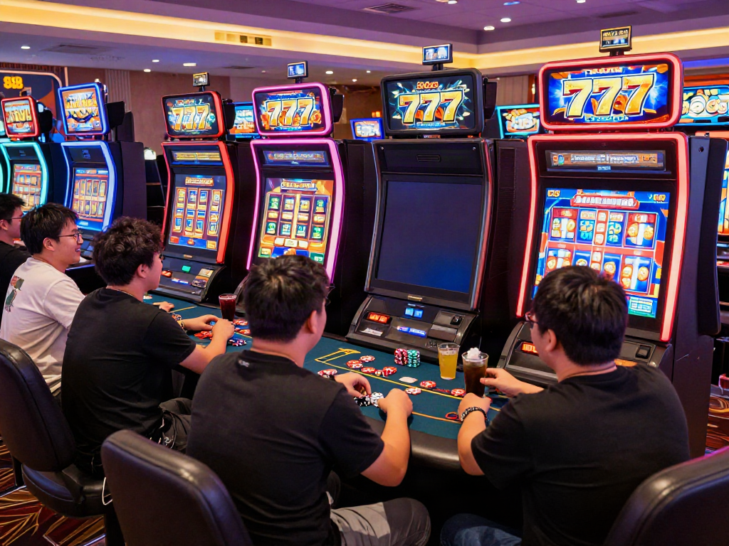 Pengguna bersenang-senang bermain slot777 di kasino modern dengan suasana meriah.