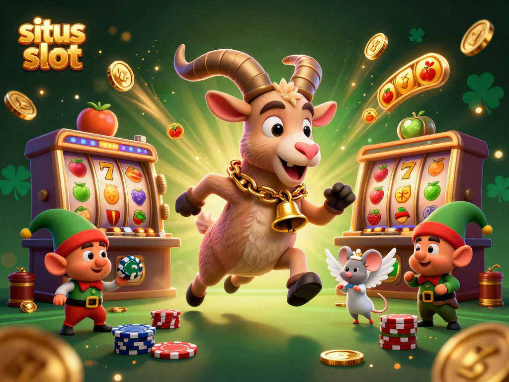 situs slot illustration featuring Krampus, angel mouse, and gremlins in a busy casino scene.